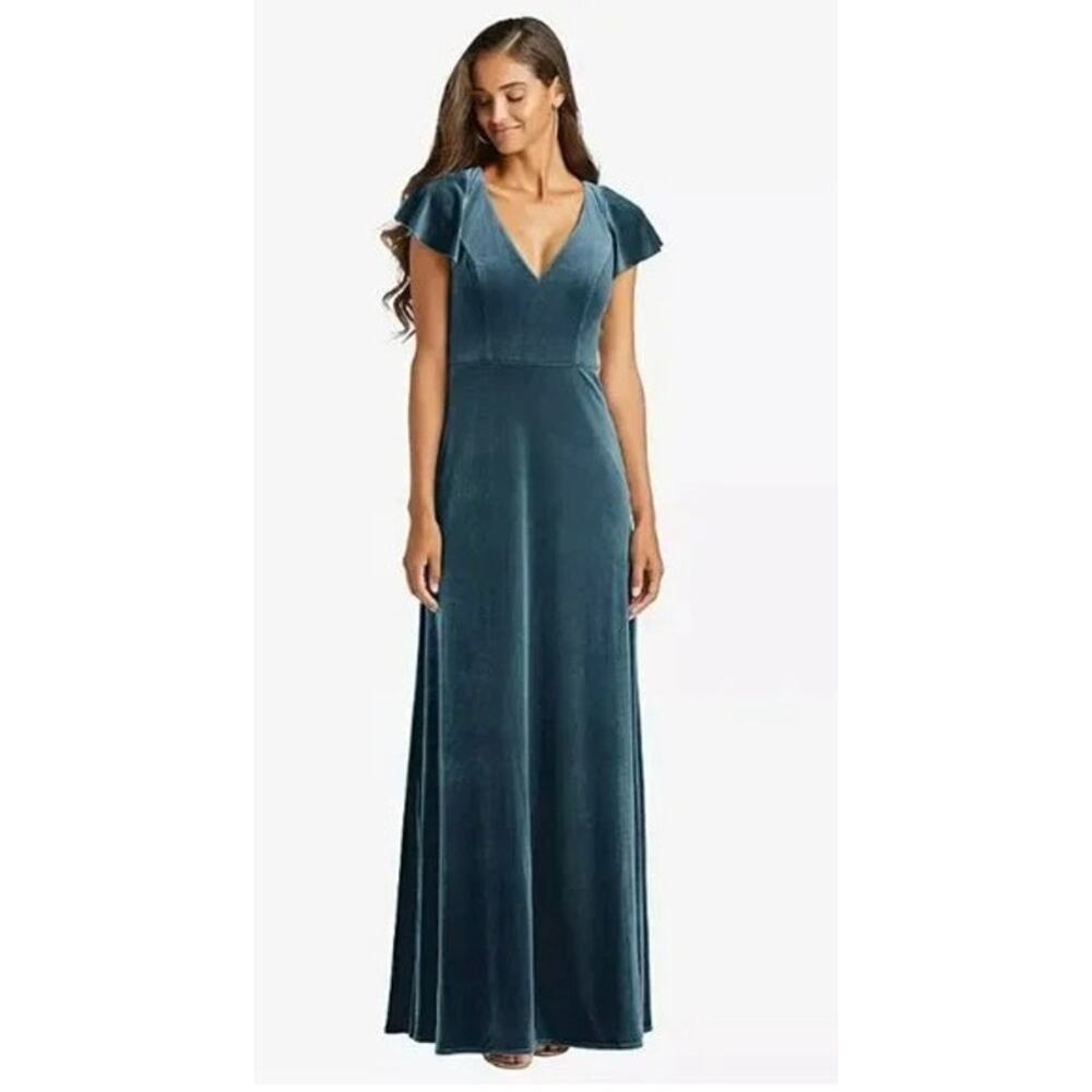 NWT After Six Lux Velvet Flutter Sleeve V Neck Maxi Dress Pockets 6 Dutch Blue